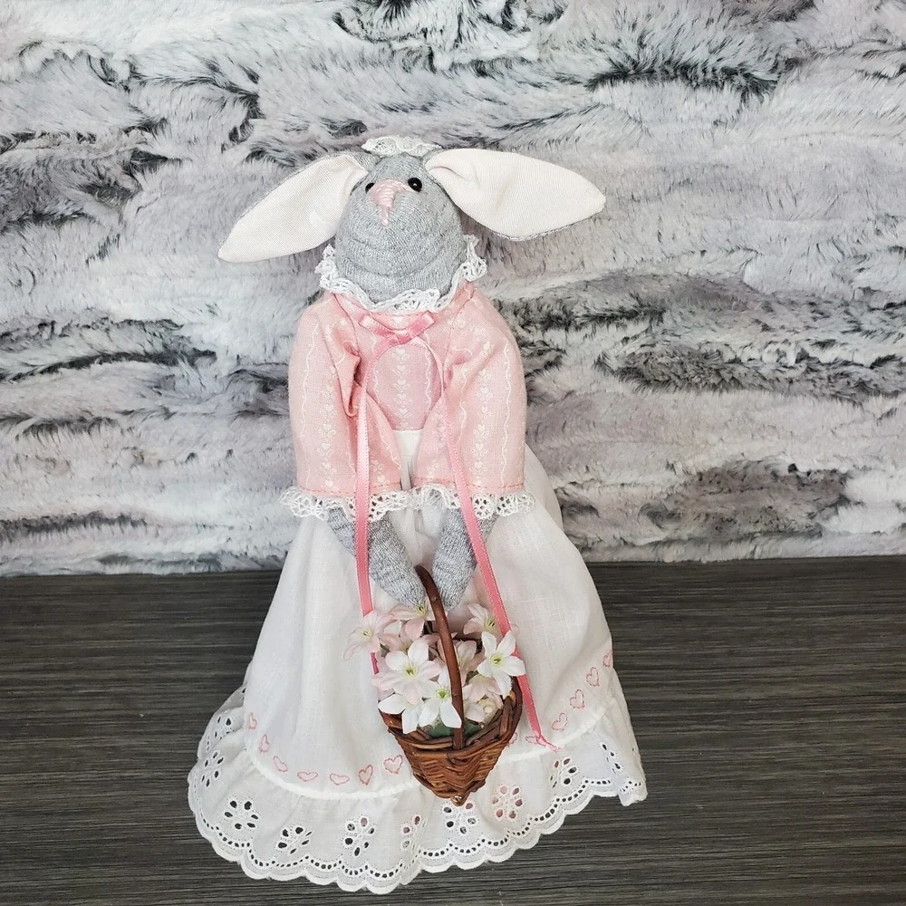 Decorative Country Bunny In Dress Apron Hokding‎ Basket Of Flowers